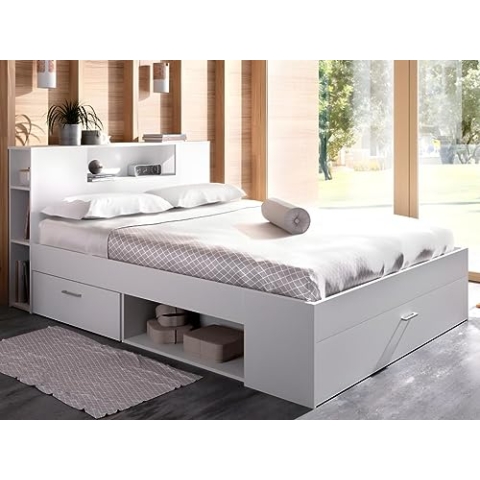 Vente-unique-Bett mit Kopfteil, Stauraum & Schubladen + Lattenrost - 160 x 200 cm - Weiß - Leandre