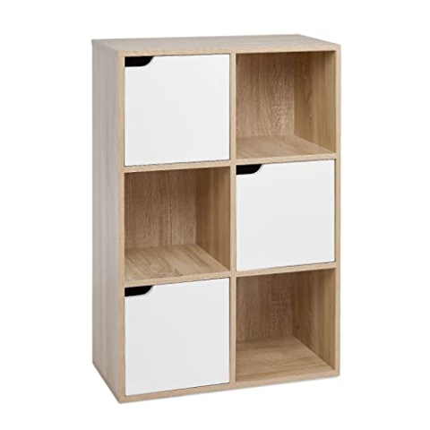 Mondeer Aufbewahrungsregal, Vielschichtiges Bücherregal, Regal aus Holz, Aufbewahrungsschrank für Bücher und DVDs, Sechs Fächer mit DREI Türen, Weiß und Holz