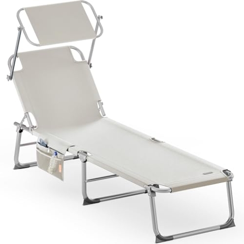 Casaria® Sonnenliege Klappbar Wetterfest Alu Gartenliege Mit Dach Seitentasche 150kg Belastbar 190x60cm Liegestuhl Relaxliege Garten Klappliege Creme