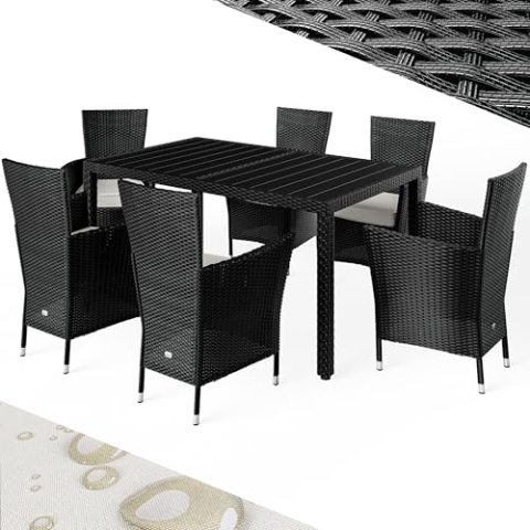 Casaria® Gartenmöbel Polyrattan 6 Stühle Stapelbar 150x90cm Gartentisch WPC Holz Wetterfest Outdoor Terrasse Sitzgruppe Essgruppe Garnitur Set Schwarz