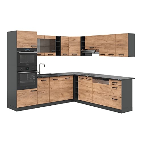 Vicco Eckküche R-Line, Goldkraft Eiche/Anthrazit, 237 x 60 cm ohne Arbeitsplatte