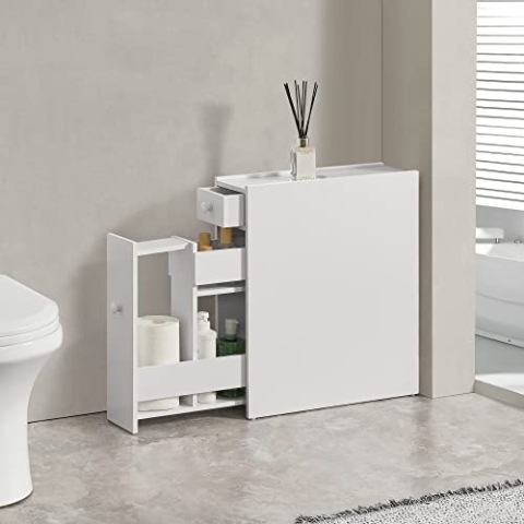 [en.casa] Badezimmerschrank Kihniö Nischenregal Küchenschrank Weiß Mehrzweckschrank mit Schubladen Badschrank schmal