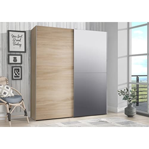 Forte KAIKAIS klassischer Kleiderschrank 170, Schwebetürenschrank Skandinavisch mit Spiegel, 2-türig, Sonoma Eiche Holzdekor, 170 cm breit x 190,5 cm hoch x 61cm tief