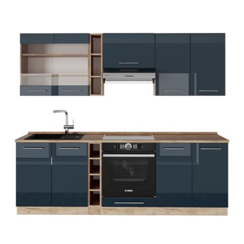 Vicco Küchenzeile Fame-Line, Dunkelblau Hochglanz/Goldkraft Eiche, 235 cm, AP Eiche