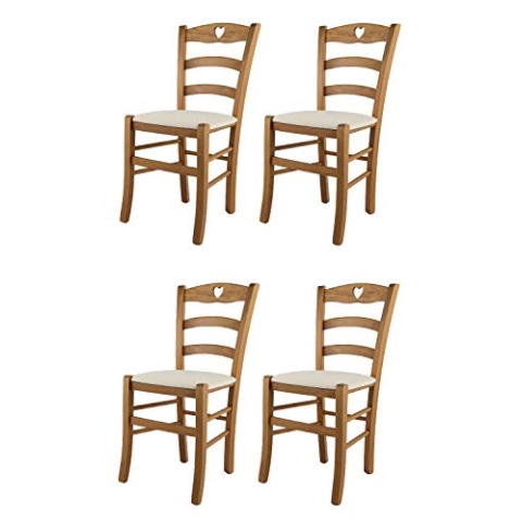 Tommychairs - 4er Set Stühle CUORE für Küche und Esszimmer, Robuste Struktur aus lackiertem Buchenholz im Farbton Eichenholz und gepolsterte Sitzfläche mit Stoff in der Farbe Elfenbein bezogen