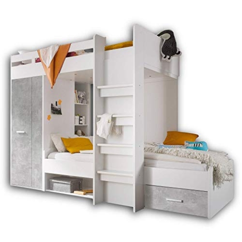 Stella Trading MAXI Hochbett mit Schrank & 2x Liegeflächen 90 x 200 cm - Platzsparendes Kinder Etagenbett in Beton-Optik, weiß - 269 x 180 x 115 cm (B/H/T)