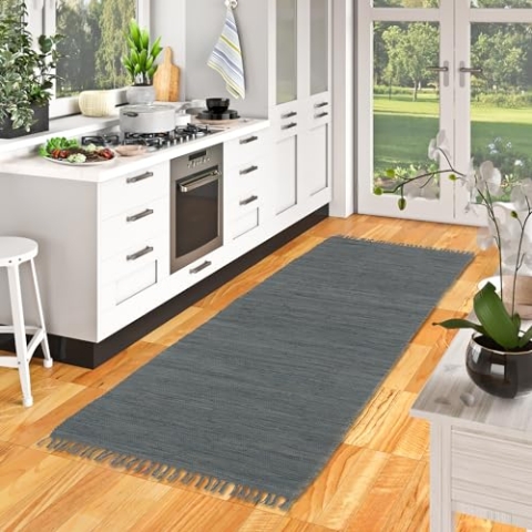 Pergamon Baumwolle Natur Teppich Flachgewebe Handgewebt Läufer Jolly Cotton Anthrazit in 6 Größen