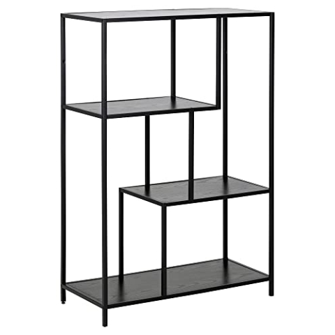 AC Design Furniture Jörn Asymmetrisches Bücherregal mit 3 Ablagen, H: 114 x B: 77 x T: 35 cm, Schwarz Esche/Schwarz, Holz/Metall, 1 Stk.