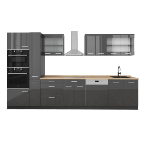 Vicco Küchenzeile R-Line, Anthrazit Hochglanz/Anthrazit, 350 cm ohne Arbeitsplatte