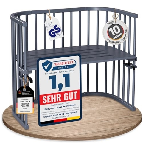 babybay Maxi extra großes Beistellbett aus massivem Buchenholz / Kinderbett Höhe stufenlos verstellbar & umweltfreundlich / mitwachsendes Babybett (schiefergrau lackiert)