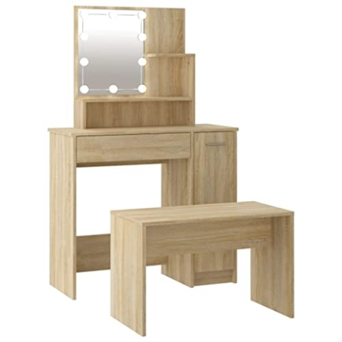 vidaXL Schminktisch Set mit LED Frisiertisch Kommode Frisierkommode Kosmetiktisch Hocker Spiegel Schminkhocker Schlafzimmer Sonoma-Eiche Holzwerkstoff
