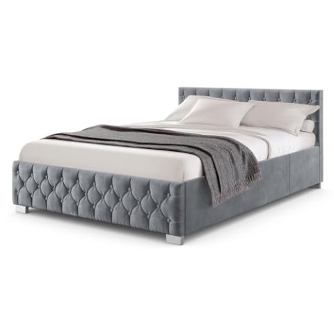 Juskys Polsterbett Nizza 180x200 cm Samt mit Stauraum, LED Beleuchtung & Lattenrost - Chesterfield Steppung & Kopfteil - Bett Bettgestell - Grau