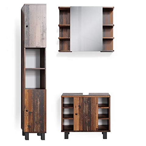 Vicco Badmöbel-Set Fynn, Badezimmerschrank-Set, Antikholz, 3 Teile, mit Hochschrank