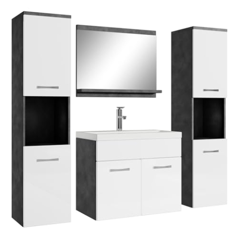 Badplaats B.V. Badezimmer Badmöbel Set Montreal XL 60cm Waschbecken Grau mit Hochglanz Weiß - Unterschrank Hochschrank Waschtisch Möbel