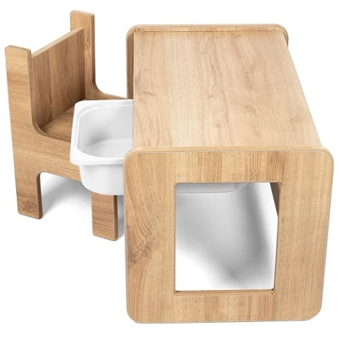 Industrial living Kindertisch mit weißer Schublade - Kinderschreibtisch mit Stuhl - Spieltisch - Aktivitätstisch - Zeichentisch - Walnuss - Holz