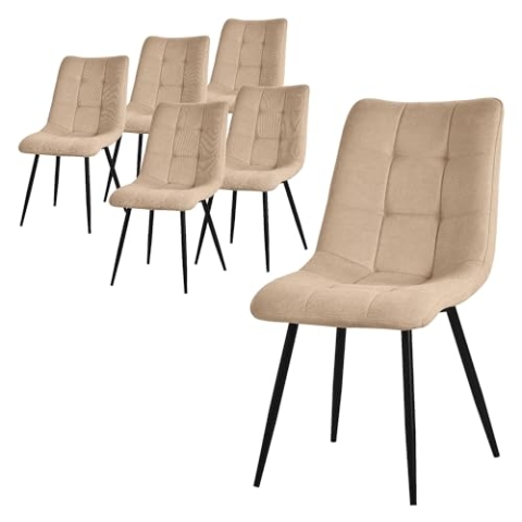 ML-Design Esszimmerstühle 6er Set Hellbraun, Wohnzimmerstühle mit Stoffbezug, Schwarze Metallbeine, Küchenstühle mit Rückenlehne, Polsterstühle für Esszimmer Wohnzimmer Küche Büro, Gepolsterte Sessel