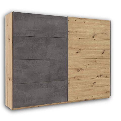 Stella Trading MOON Eleganter Kleiderschrank mit viel Stauraum - Vielseitiger Schwebetürenschrank in Artisan Eiche Optik, betonoxid - 270 x 210 x 60 cm (B/H/T)