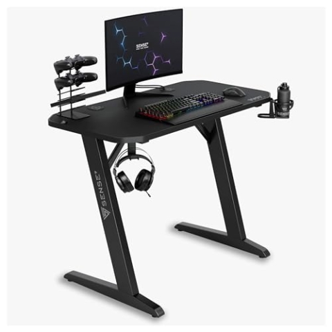 SENSE7 Schreibtisch Nomad Classic, Gaming Tisch 100x50, PC Tisch mit Kopfhörerhaken, Getränkehalter, Controller Halter, Gaming Computertisch mit Kohlefaseroberfläche, Ergonomischer Gaming Desk