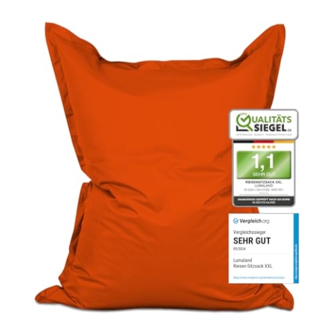 Lumaland Riesen-Sitzsack XXL 140x180 cm | Wasserfestes Indoor & Outdoor Liegekissen mit über 3 Mio. anpassungsfähigen EPS-Perlen | Bean Bag mit waschbarem Bezug [Orange]
