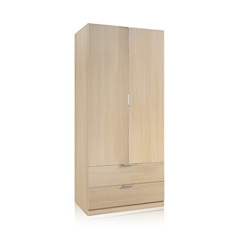 Kleiderschrank mit zwei Flügeltüren und zwei Schubladen, mit Kleiderstange, Farbe Eiche hell, 81,2 x 180 x 52 cm.