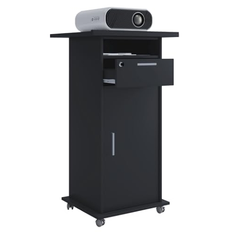 VCM Holz Standschreibtisch | ideal für Beamer oder Projektor mit Rollen und Tür | Maße: H. 108 x B. 60 x T. 50 cm | Pultfläche neigbar | Schublade abschließbar - Neta Schwarz