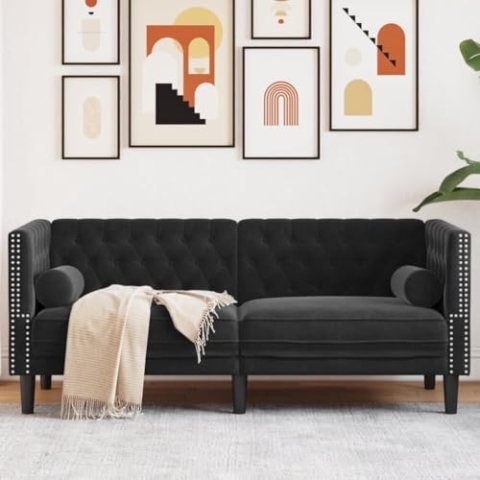 vidaXL Chesterfield Sofa mit Nackenrollen 2-Sitzer, Couch mit Armlehnen Rückenlehne Stützbeine, Polstersofa für Wohnzimmer, Couchgarnitur, Schwarz Samt