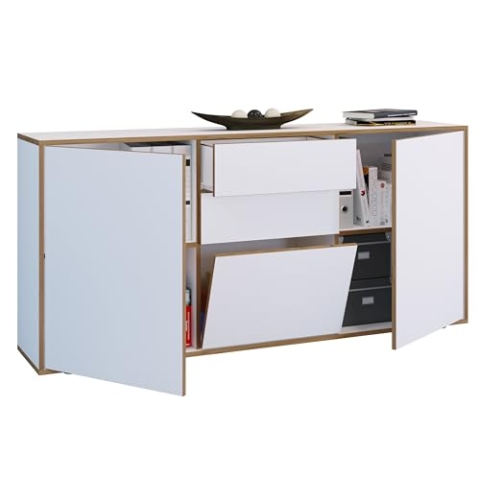 VCM Holz Kommode | Sideboard mit Drehtüren, Schubladen und Einer Klappe | Büromöbel | Maße ca. H. 74 x B. 160 x T. 33cm - Salia Weiß