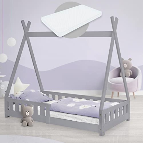 ML-Design Kinderbett Tipi 80x160 cm Hellgrau mit Matratze, Rausfallschutz & Lattenrost, aus Kiefernholz, Indianer Bett Massivholz für Mädchen & Jungen, Hausbett mit Zaun, Jugendbett Spielbett Holzbett
