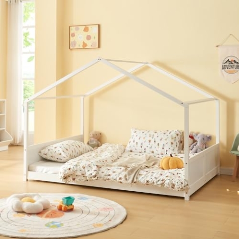 [en.casa] Kinderbett Simo Kleinkindbett in Haus-Optik Bodenbett Montessori Bett Hausbett Bettgestell aus Kiefernholz Abenteuerbett 120x200cm Weiß
