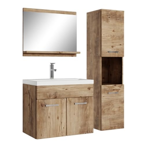 Badplaats B.V. Badezimmer Badmöbel Set Montreal 60cm Waschbecken Eiche Kastanie - Unterschrank Hochschrank Waschtisch Möbel