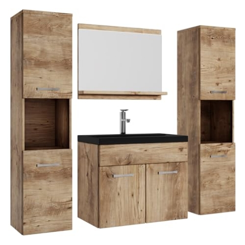 Badplaats B.V. Badezimmer Badmöbel Set Montreal XL 60cm Schwarze Waschbecken - Kastanien Eiche - Unterschrank Hochschrank Waschtisch Möbel