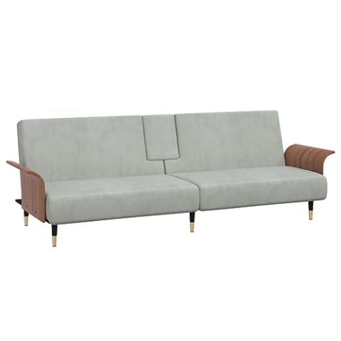 vidaXL Schlafsofa mit Getränkehaltern, Sofa mit verstellbaren Rückenlehnen, Couch für Wohnzimmer, Schlafcouch Bettsofa Sofabett Metallfüße, Hellgrau Samt