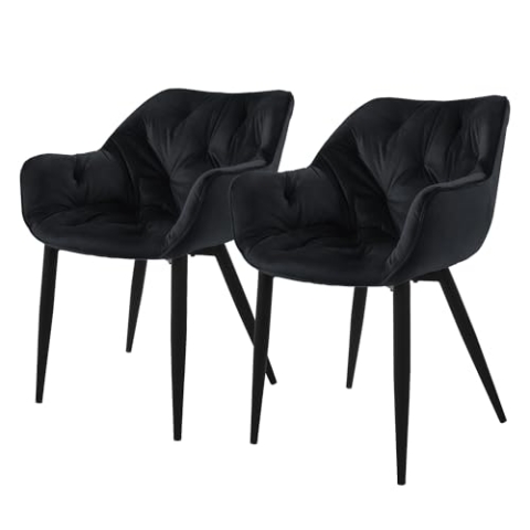 ML-Design Esszimmerstühle 2er Set Schwarz, Küchenstuhl mit dickem Samtstoff gepolsterter Sitz, Metallbeinen, Wohnzimmerstuhl mit Rücken- und Armlehnen, Gesteppter Polsterstuhl, Ergonomischer Sessel