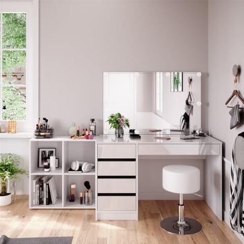 Vicco Schminktisch Sherry, Weiß Hochglanz/Weiß, cm 4 Teile, mit Standregal, Spiegel, Hocker, LED