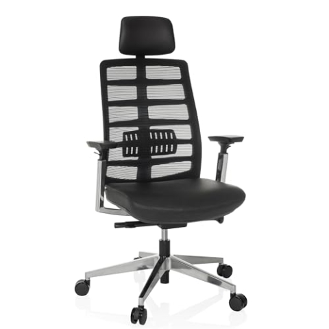 hjh OFFICE Bürostuhl ergonomisch SPINIO Elite L Chefsessel Leder, Kopfstütze und Lordosenstütze verstellbar, Drehstuhl mit Netzrücken, Schwarz