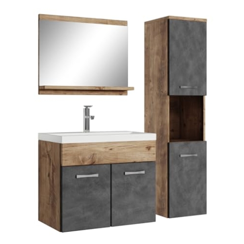 Badplaats B.V. Badezimmer Badmöbel Set Montreal 60cm Waschbecken Kastanien Eiche mit Dunkle Grau - Unterschrank Hochschrank Waschtisch Möbel