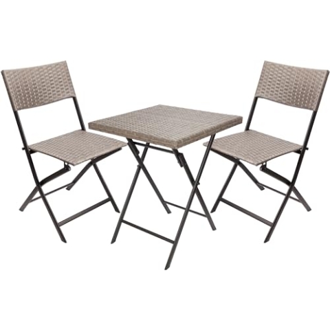 BRUBAKER Balkonset Toskana mit Tisch und 2 Stühlen - Wetterfest klappbar und platzsparend - Polyrattan Balkonmöbel Set - Sitzgruppe für Balkon Terrasse Garten - Bistroset Klappstühle Grau Braun