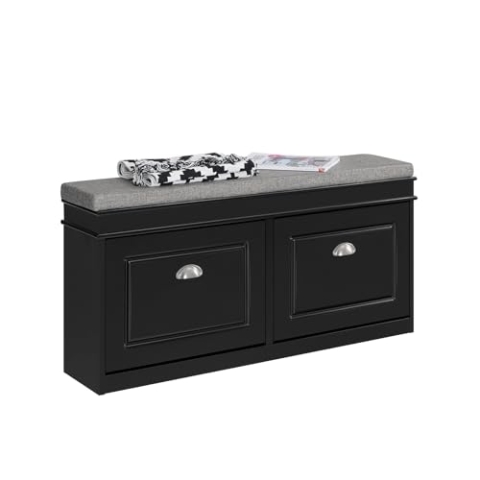 SoBuy Schuhbank mit Sitzfläche Sitzbank mit Stauraum und 2 Klappen, schmaler Schuhschrank mit Sitzbank & Schuhregal platzsparend, Schuhablage für Flur & kleine Räume, 104x52x24cm, Schwarz, FSR64-SCH