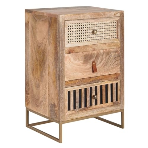 Wohnling Nachttisch Mango Massivholz/Metall 40x60x30 cm Nachtschrank Boxspringbett, Design Nachtkonsole mit 3 Schubladen, Nachtkommode Wiener Geflecht mit Stauraum