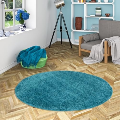 Pergamon Moderner Wohnzimmer Hochflor Langflor Shaggy Teppich Fluffy Rund Türkis in 3 Größen