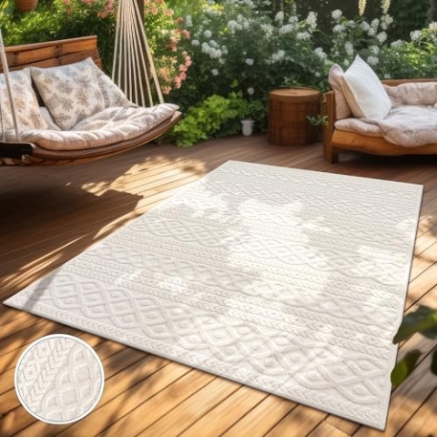 Paco Home Teppich In- & Outdoor, Moderne abstrakte Boho Designs mit 3D Struktur, robust & wetterfest, ideal für Terrasse Wohnzimmer & Küche, Grösse:80x150 cm, Farbe:Creme 4