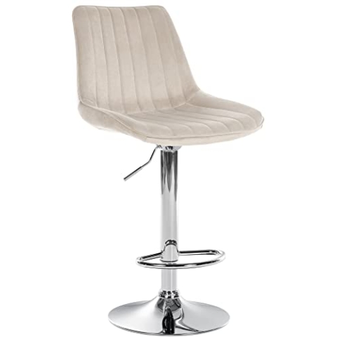CLP Barhocker Toni Samt | Höhenverstellbarer Thekenhocker mit Rückenlehne | Barstuhl mit Metallgestell, Farbe:Creme, Gestell Farbe:Chrom
