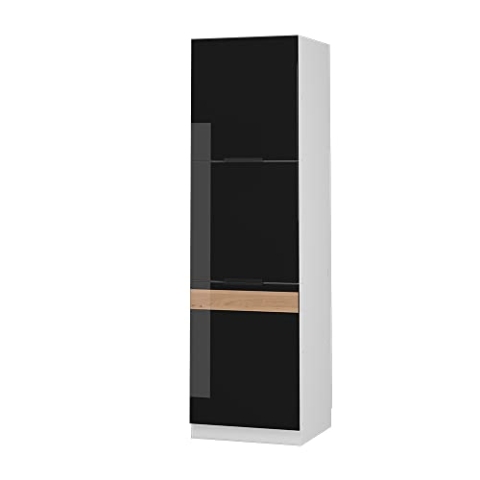 Vicco Herdumbauschrank Fame-Line, Herdschrank, Schwarz Eiche Hochglanz/Weiß, 60 cm