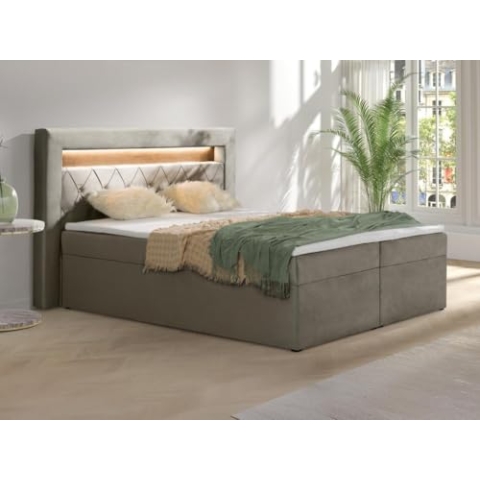 Vente-unique-Deko-Komplett-Set mit Bett-Kopfteil mit LED-Beleuchtung + Bettgestell mit Bettkasten + Matratze + Topper - 160 x 200 cm - Samt - Taupe - ORANA von YSMÉE
