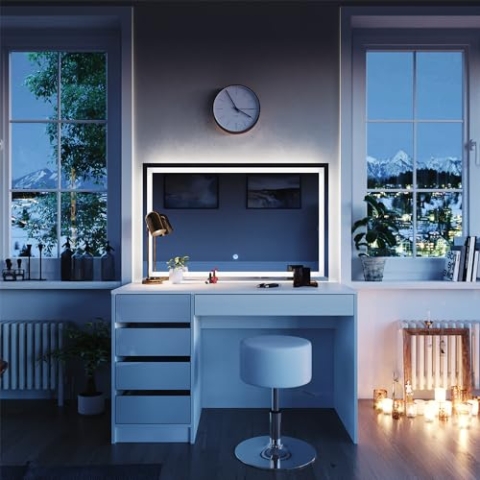 Vicco Schminktisch Sherry, Weiß Hochglanz, 120 cm mit LED-Spiegel und Hocker