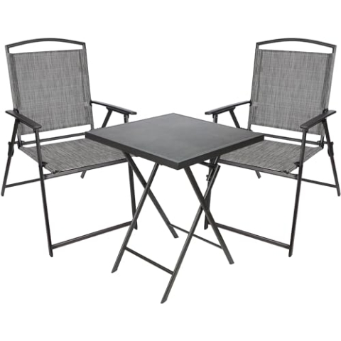BRUBAKER Garten Sitzgruppe Bergamo - 1 Klapptisch eckig mit 2 Camping Stühlen - Wetterfest und platzsparend - Gartenstühle Campingstühle mit Tisch für Balkon und Terrasse - Grau