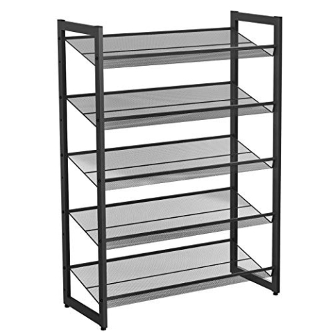 SONGMICS Erweiterbares Schuhregal aus Metallgewebe mit 5 Ebenen für 15-20 Paar Schuhe, Schuhständer für Flur, 74 x 104 x 30,7 cm (B x H x T), schwarz, LMR005B