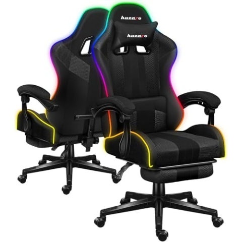 huzaro Force 4.7 RGB Mesh | LED Beleuchtung Gaming Stuhl Bürostuhl Computerstuhl | 90-140° Neigungswinkel Kopfstütze Lendenkissen Höhenverstellbar Fußstütze | 140 kg belastbar | Stoff | Schwarz