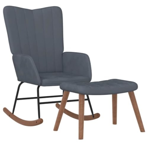 vidaXL Schaukelstuhl mit Hocker, Schwingstuhl mit Armlehne, Schaukelsessel mit Holzkufen Stahlgestell, Relaxsessel Schwingsessel Wohnzimmer, Samt Dunkelgrau