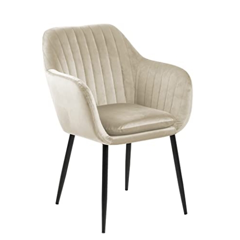 AC Design Furniture Wendy Esszimmerstuhl aus Samt, moderner, nordischer Stil, gepolsterter Esszimmerstuhl mit Armlehne, Sandfarbe, schwarze Metallbeine, vertikale Nähte, Esszimmerstuhl für Esszimmer